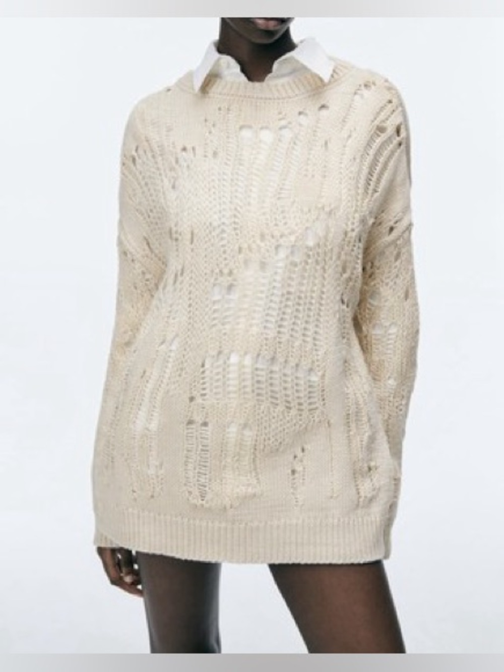 ZARA Open Knit Distressed Sweater - Cream/Oatmeal - Size S